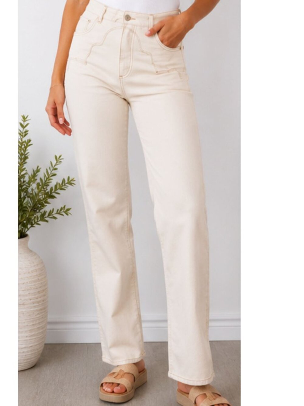 Pastiche 100% Cotton Cream Straight Leg Jeans Size L | High Rise